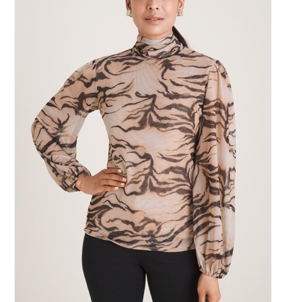 Chico's Tiger Print Mesh Top Drama Sleeves Neutral Size‎ Medium Chico's Size 1